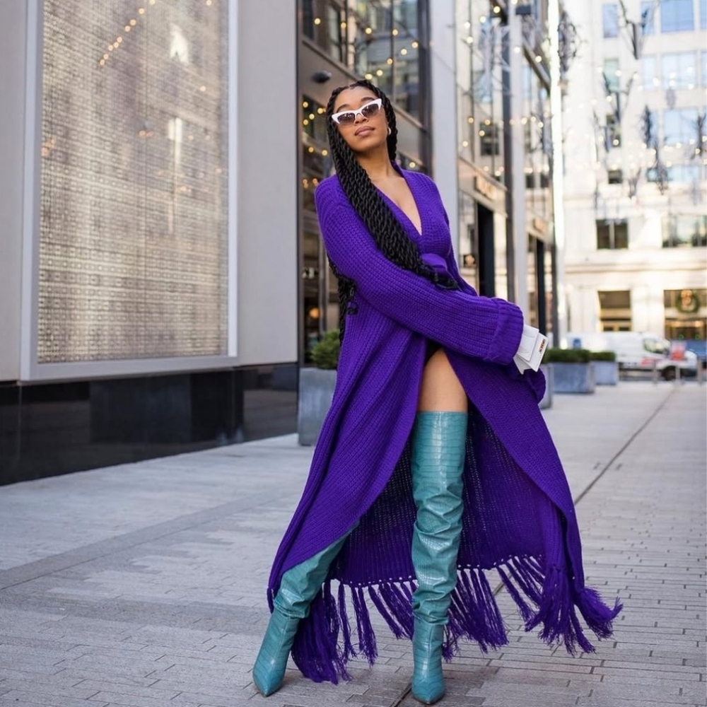 HANIFA MIYA KNIT CARDIGAN DRESS IN EGGPLANT /PLUM - Picture 3 of 11